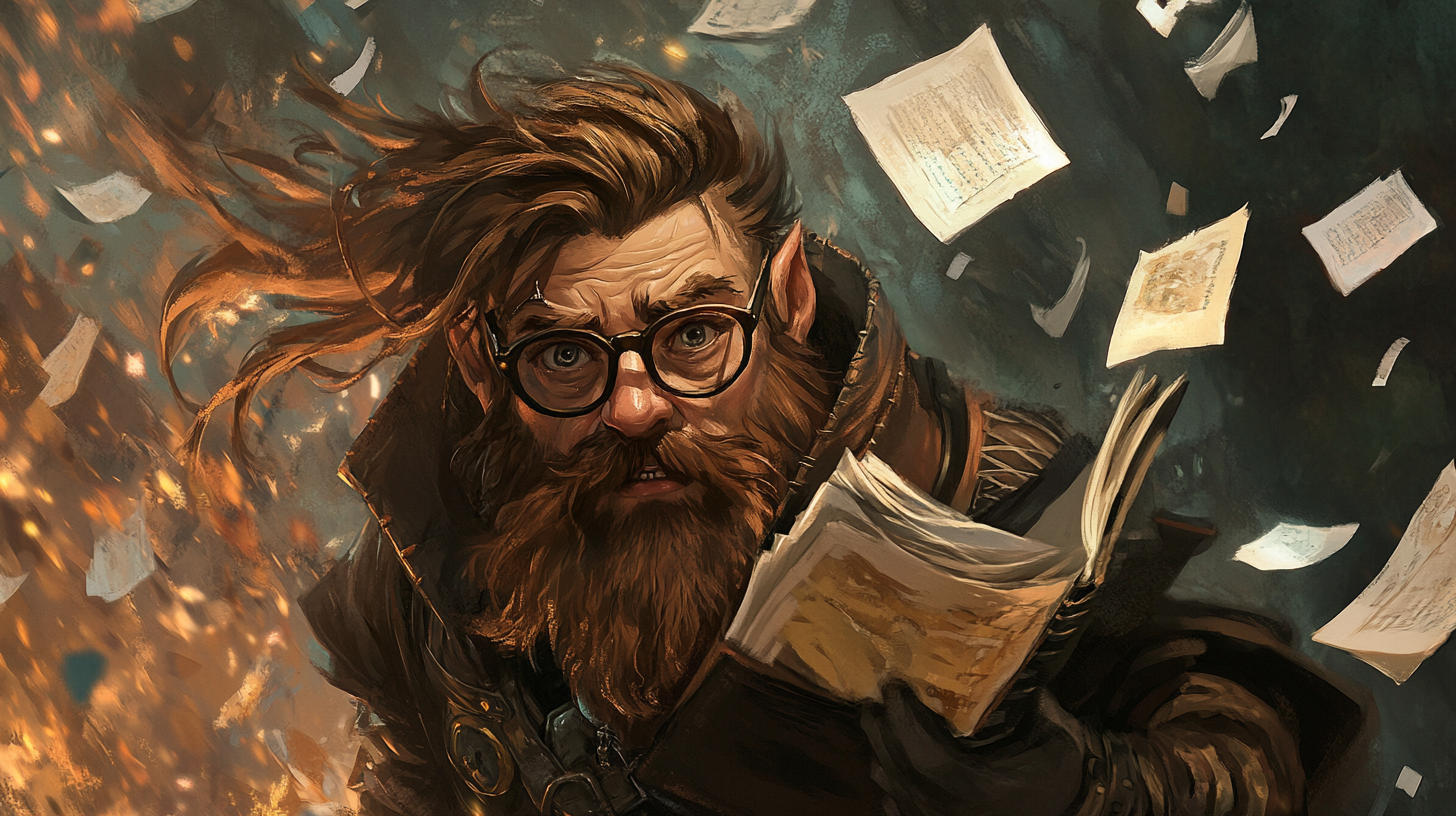 A Worried Dwarf with Shield and Chaotic Papers