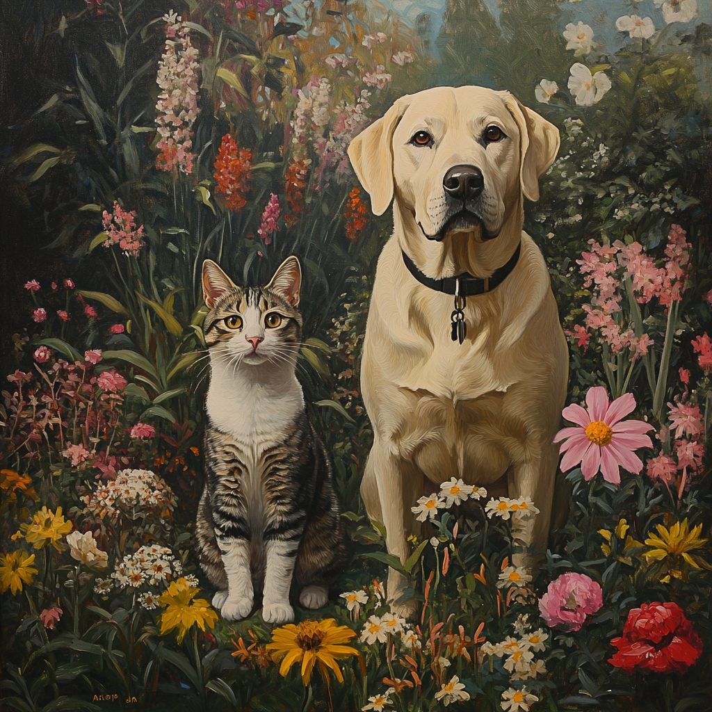 A Yellow Labrador and Tabby Cat in Garden