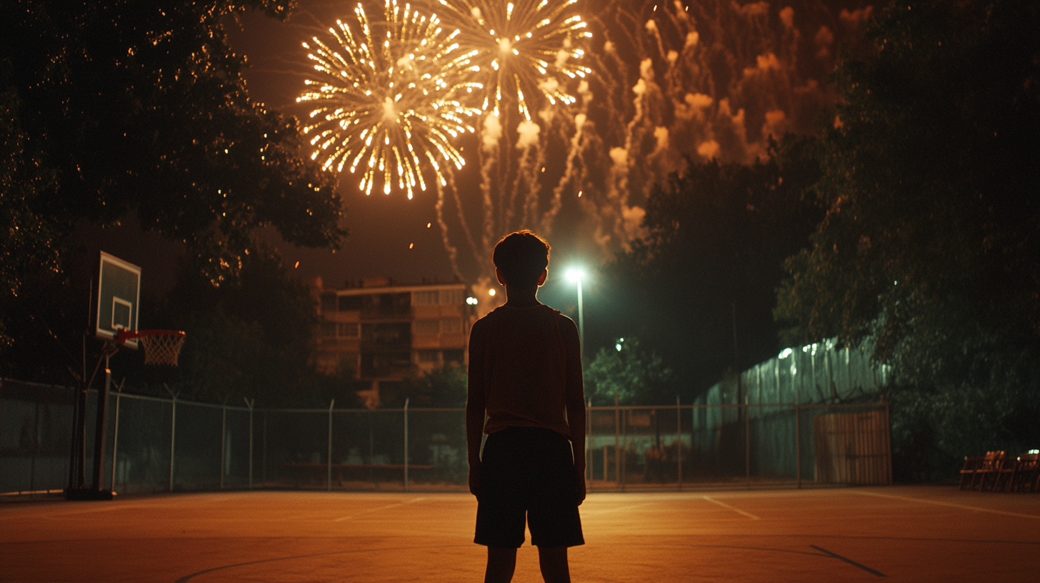 A Young Basketball Player Celebrates Victory at Night