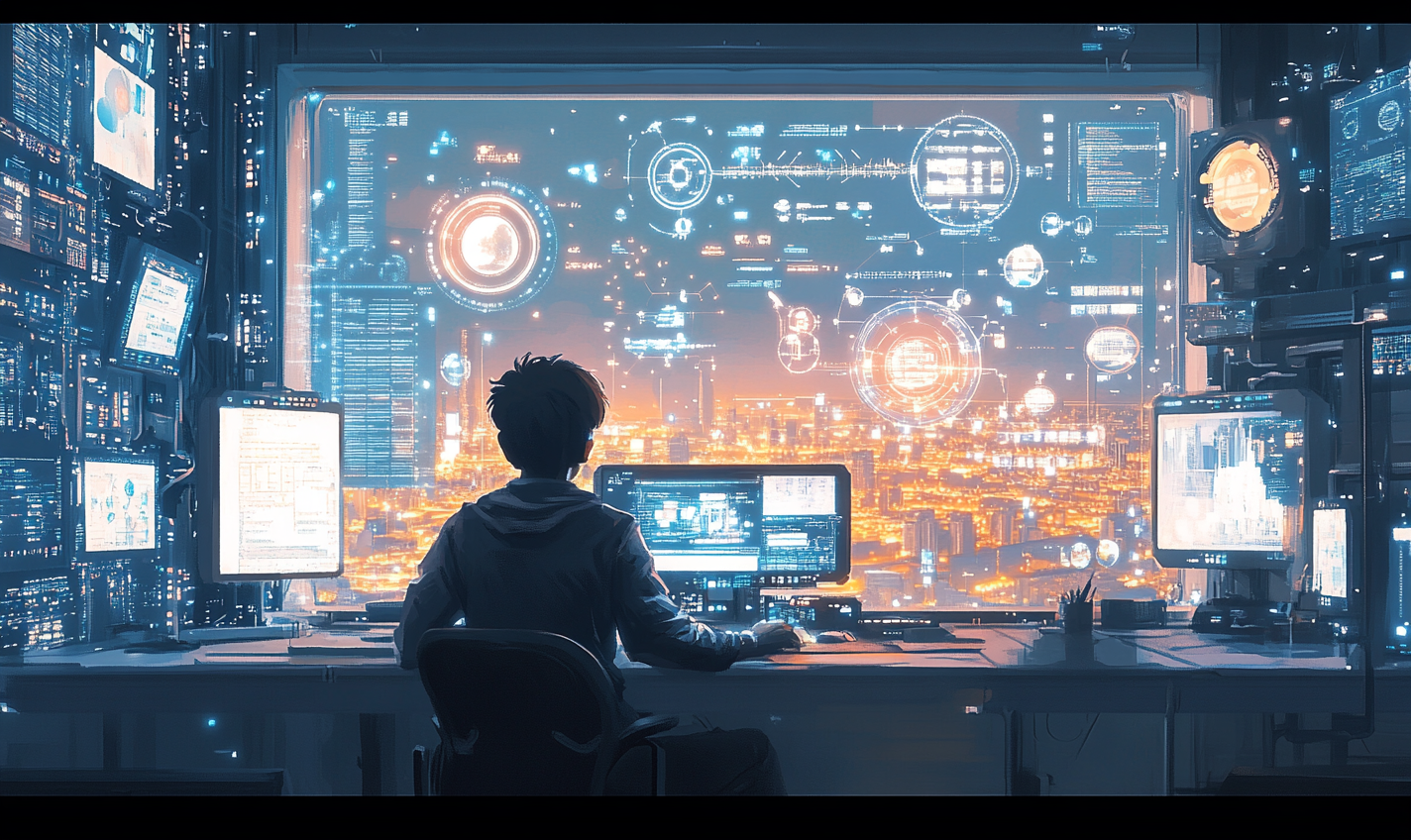 A Young Coder Surrounded by Holographic Screens