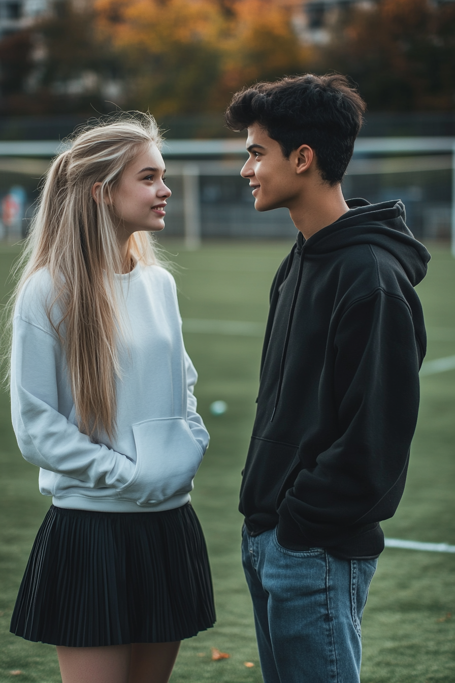 A Young Couple Meeting on Soccer Field