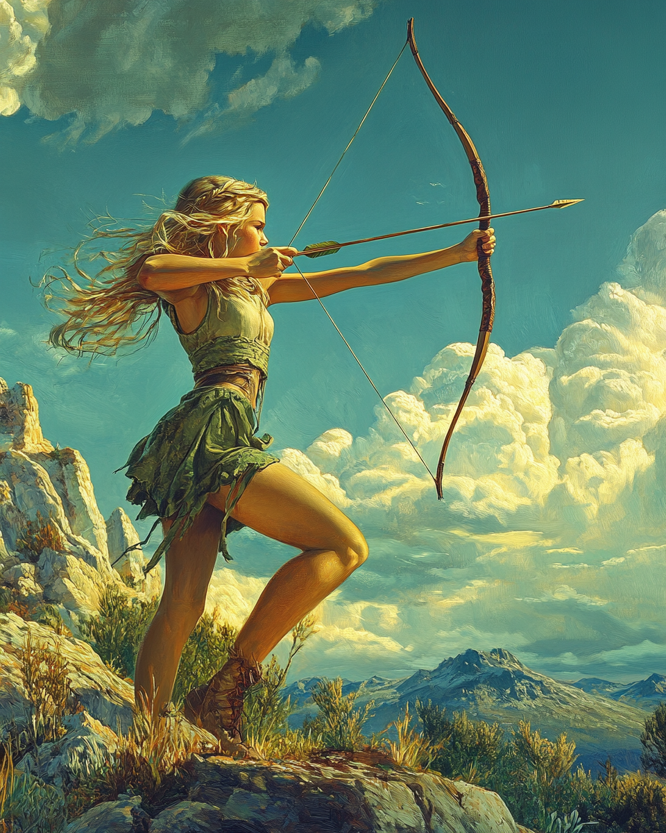 A Young Elven Girl Shooting Bow at Sunrise