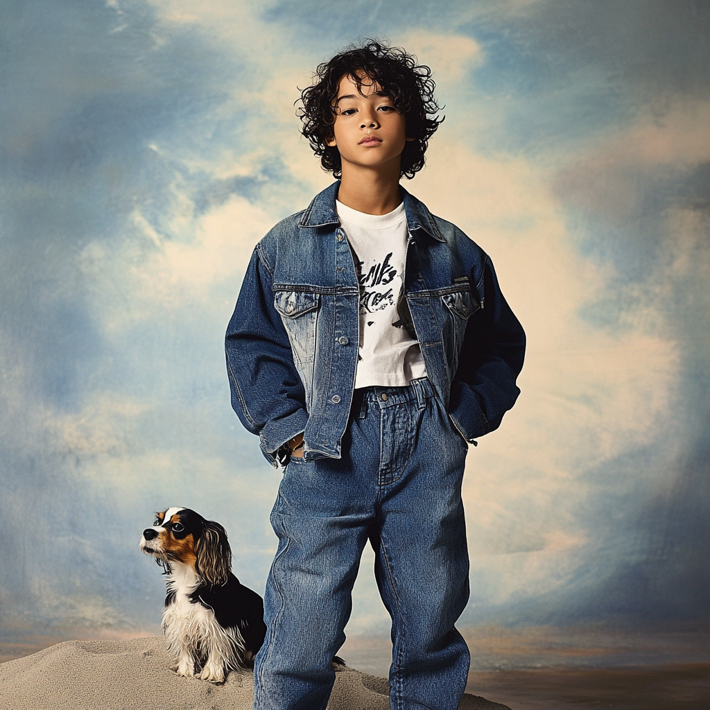 A Young Filipino-American Boy in Retro Denim Pose