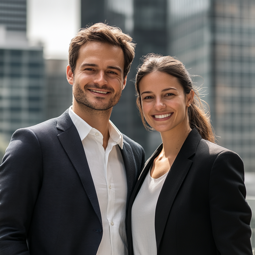 A Young Finance Professionals Smiling on Rooftop