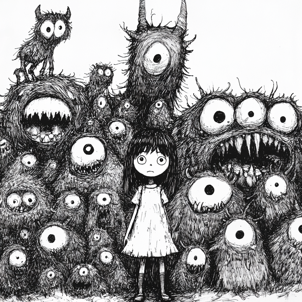 A Young Girl Among Surreal Monsters