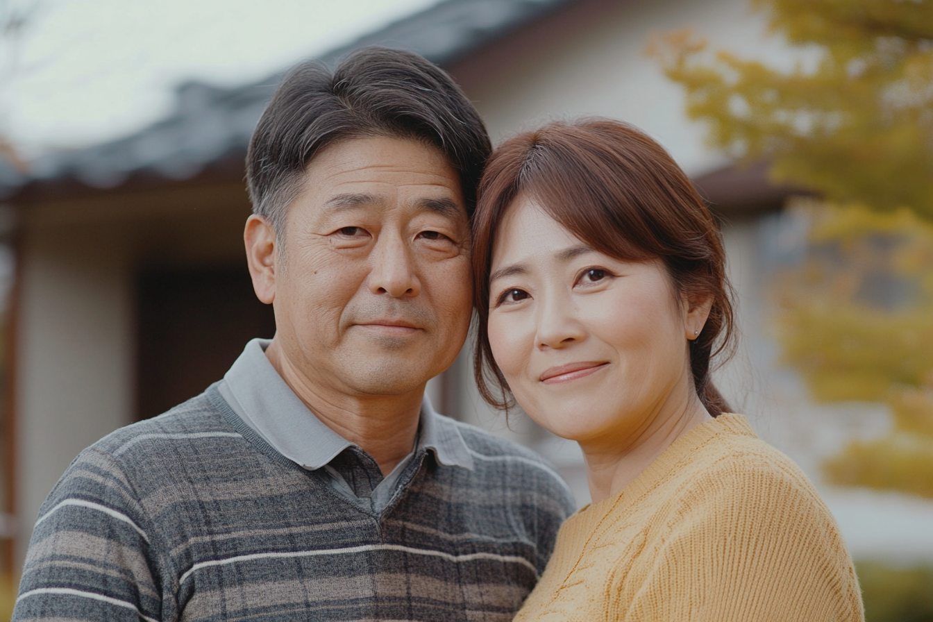 A Young Japanese Couple Standing in Front of Home