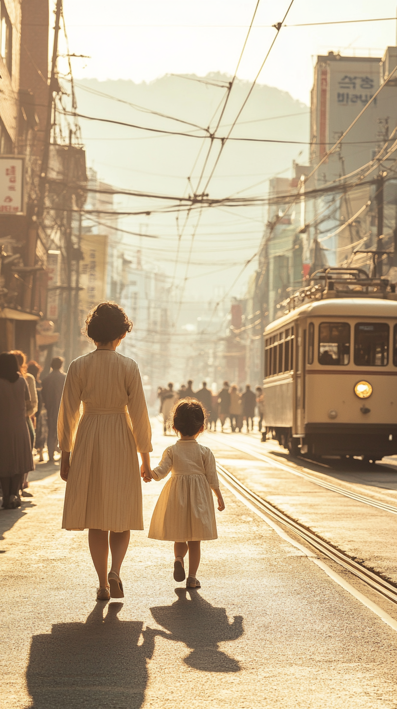 A Young Korean Girl and Her Mother in 1950s Busan