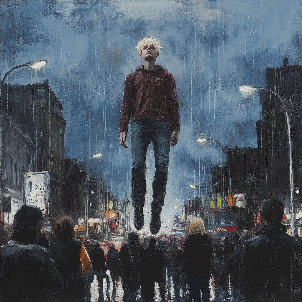 A Young Man Floats Above Crowded Rainy Street