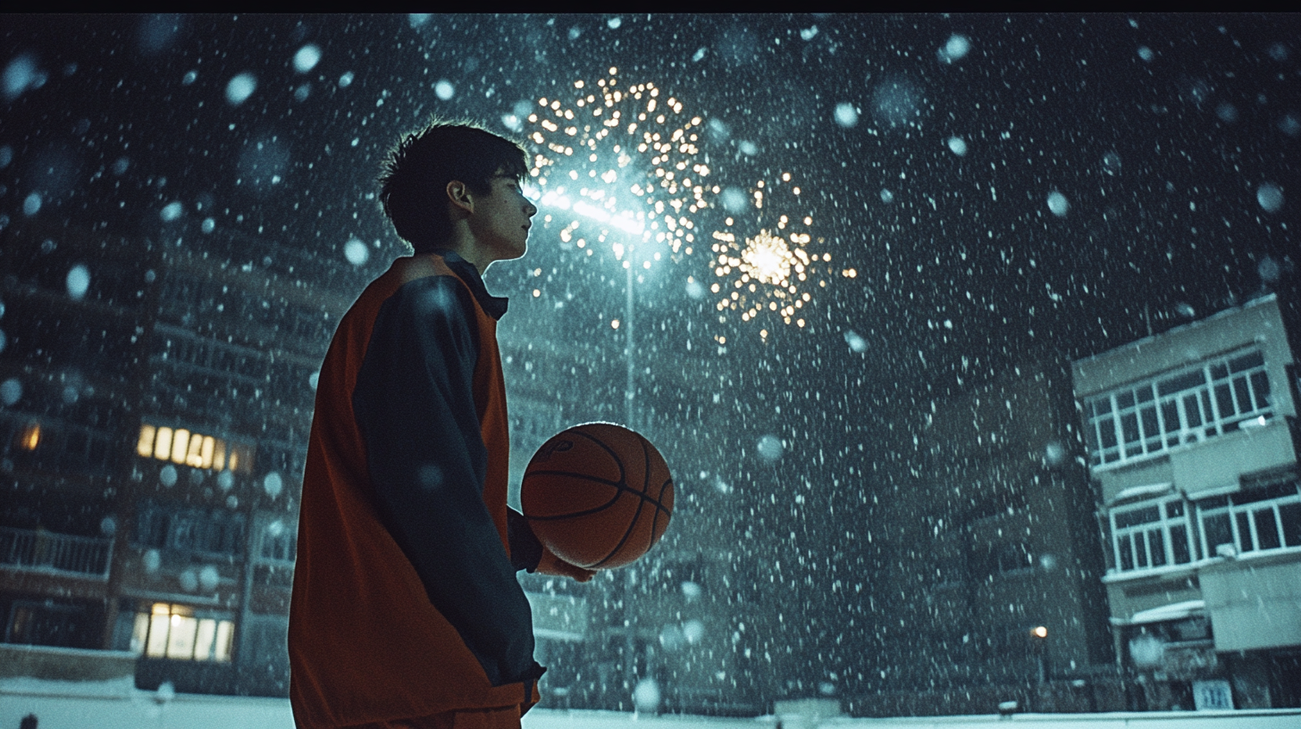 A Young Man Playing Basketball Amidst Fireworks, Rain and Snow