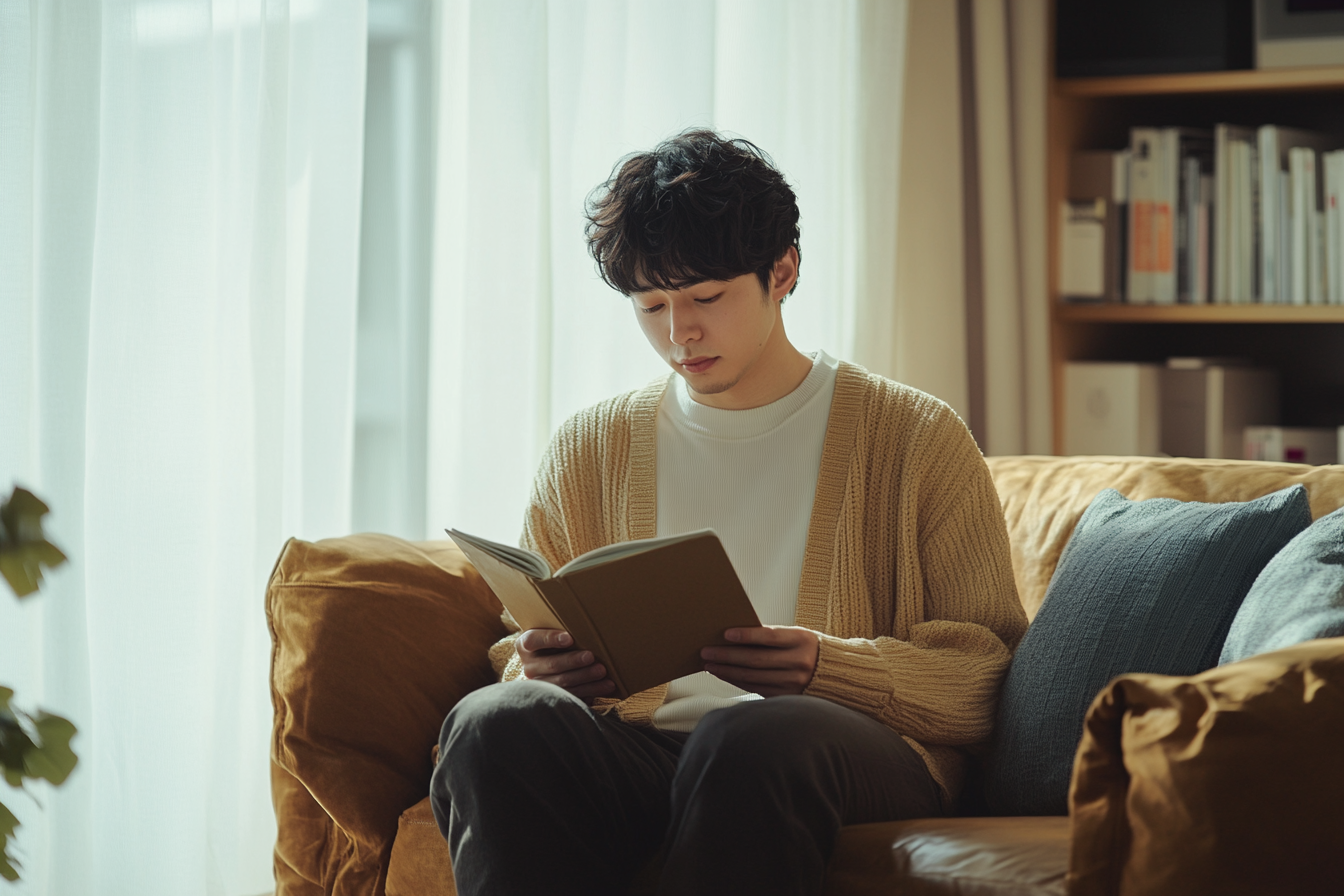 A Young Man Reading in Cozy Living Room