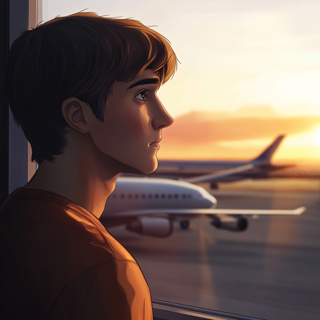 A Young Man Watching Planes at the Window