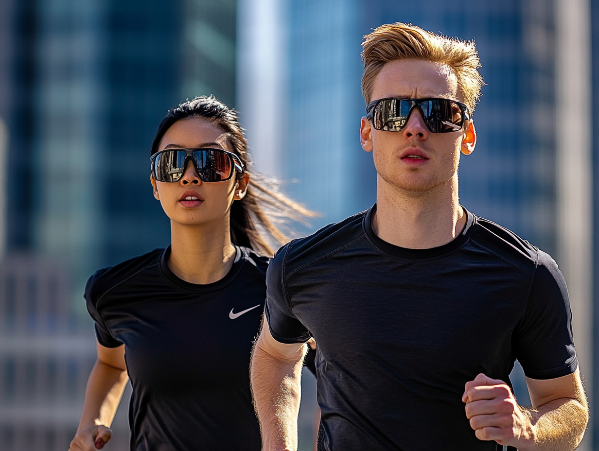 A Young Man and Woman Jogging in City