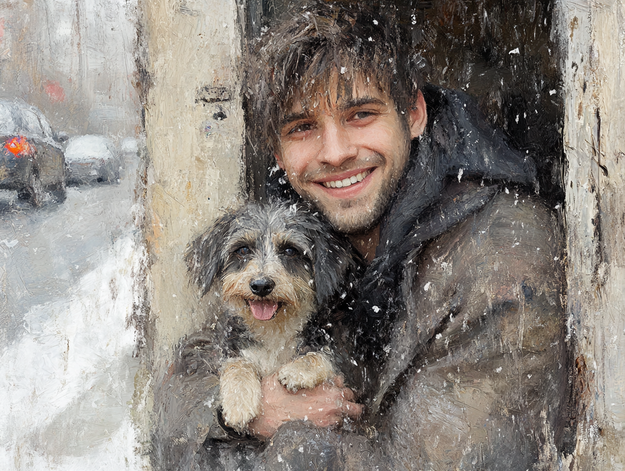 A Young Man and his Dog in Snow