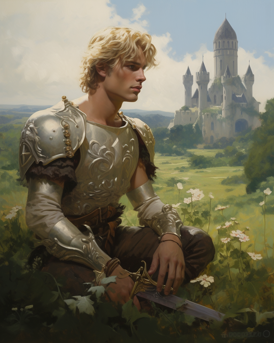 A Young Man in Armor in Field with Castle