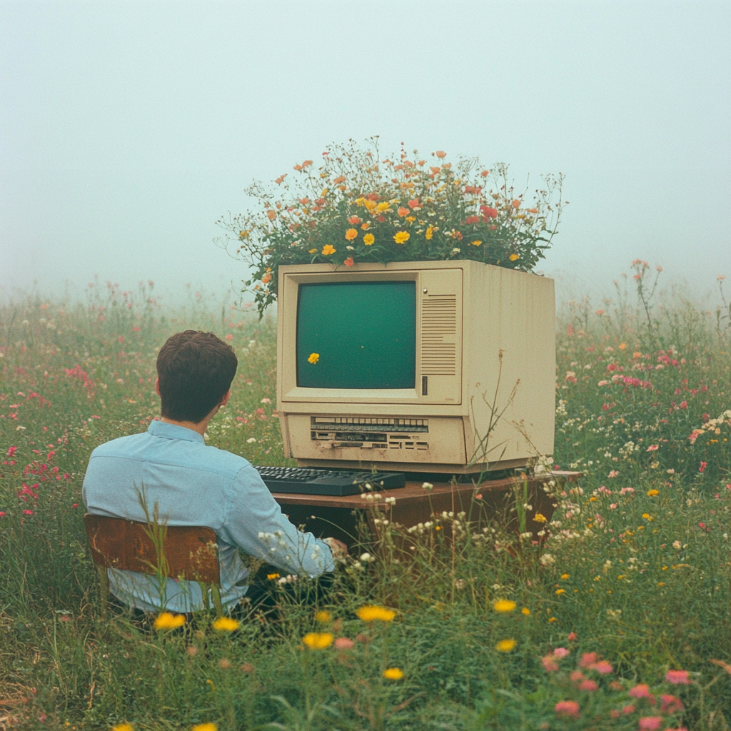 A Young Man with Flowers in Vintage Computer