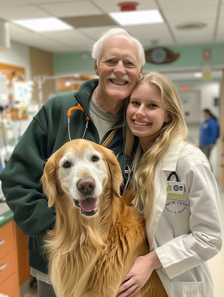 A Young Model, Doctor Dad and Dog in Hospital