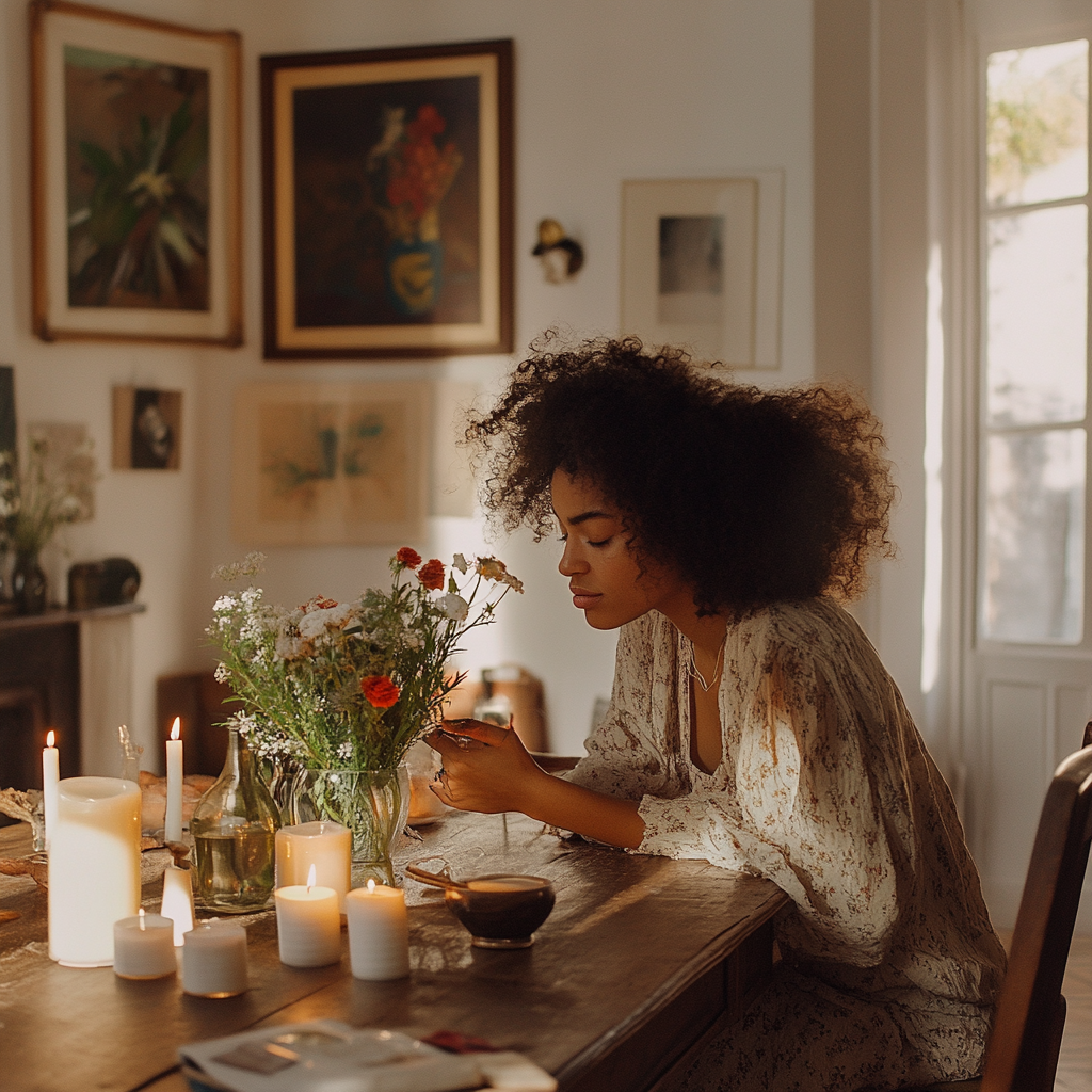 A Young Mother Smelling Winter Flower and Lighting Candles