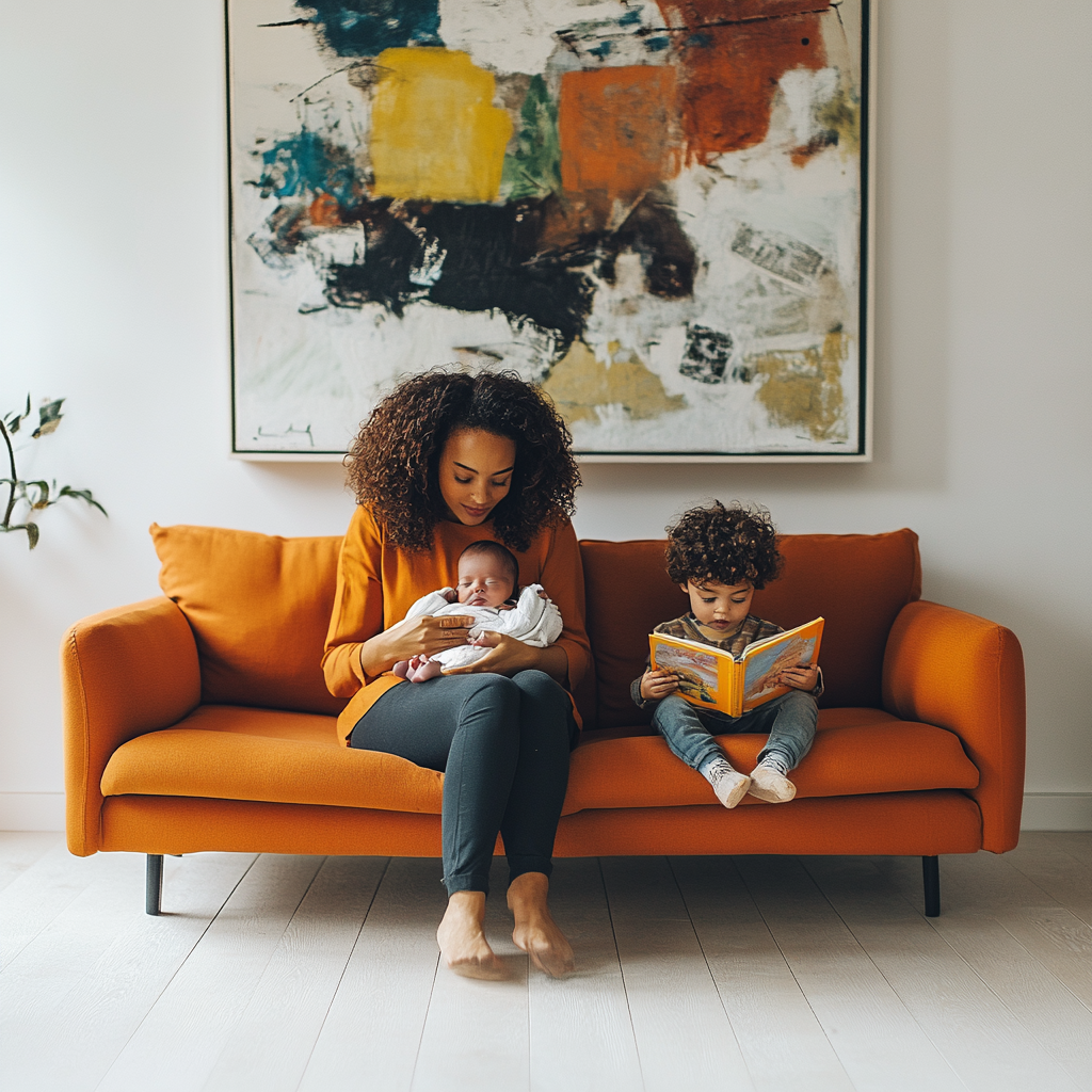 A Young Mother with Children in Living Room