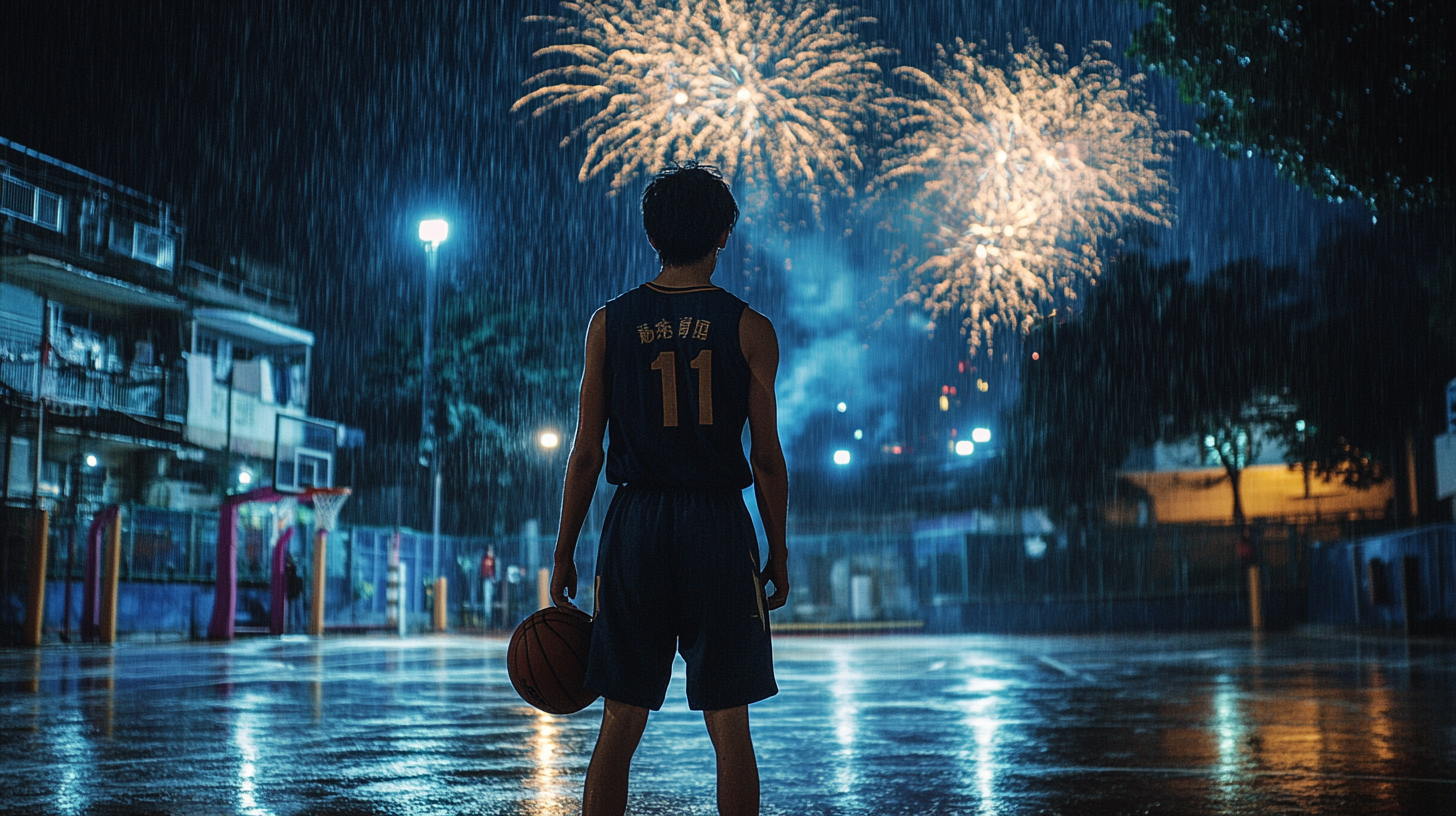 A Young Player's Solo Basketball Game at Night