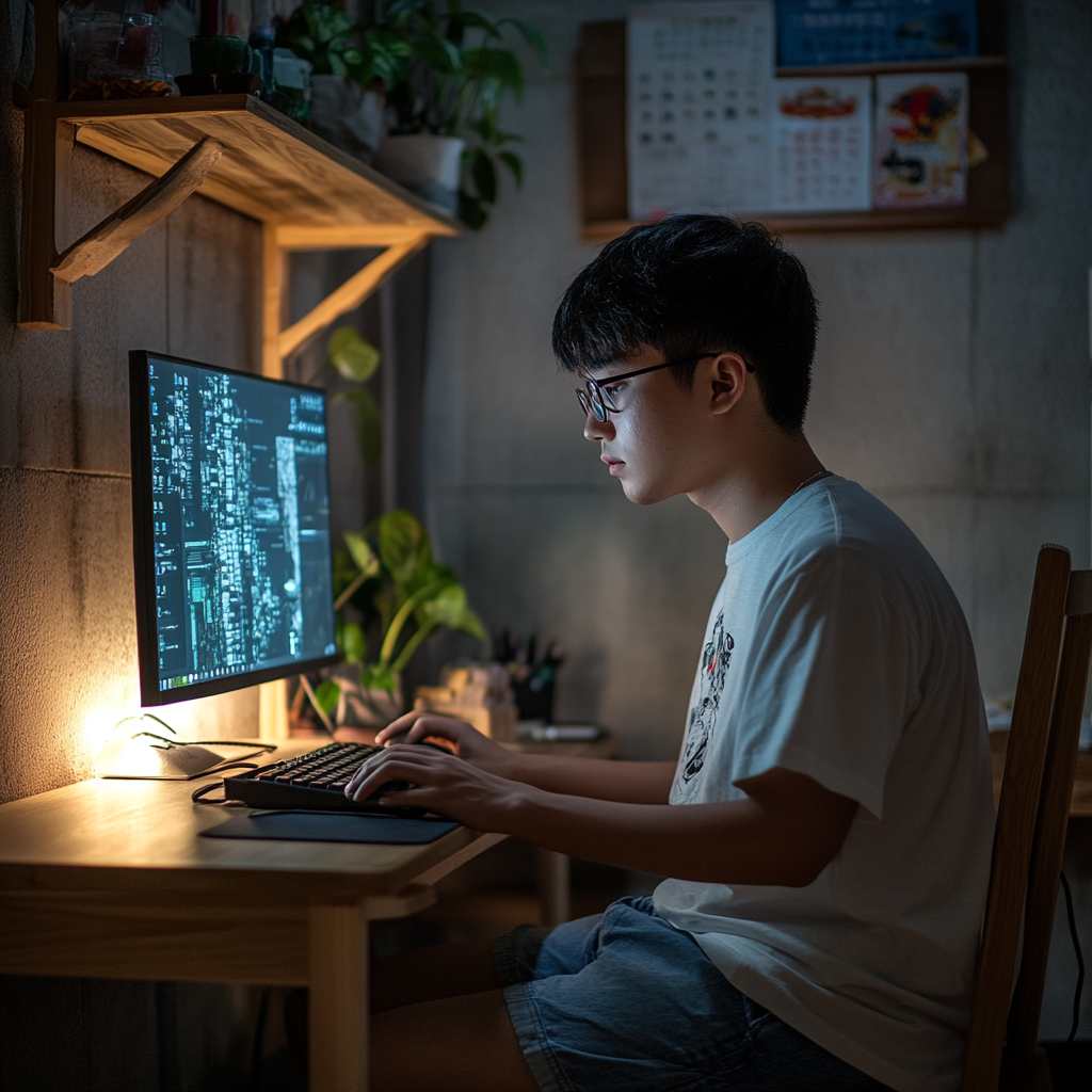 A Young Taiwanese Man Working at Desk