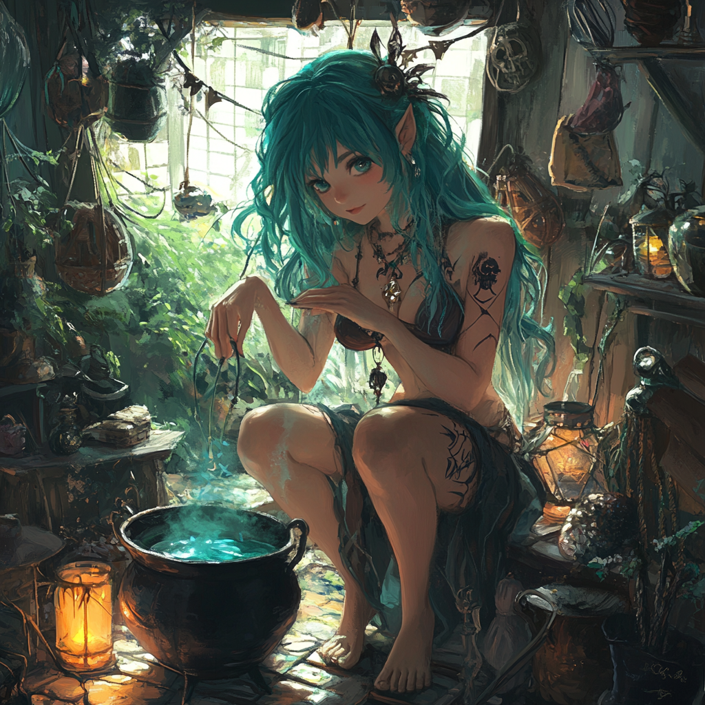 A Young Witch Brews Potion in Cottage.