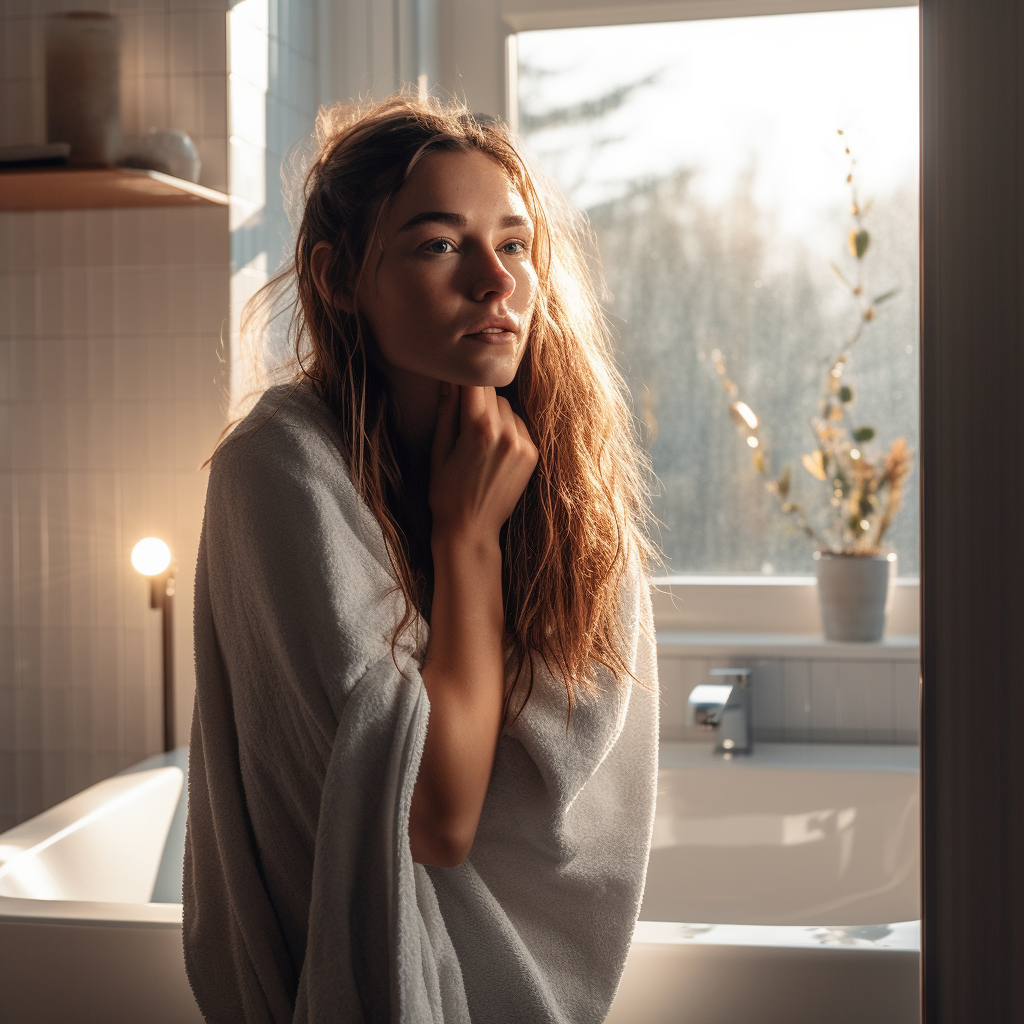 A Young Woman Dries Hair in Bright Bathroom