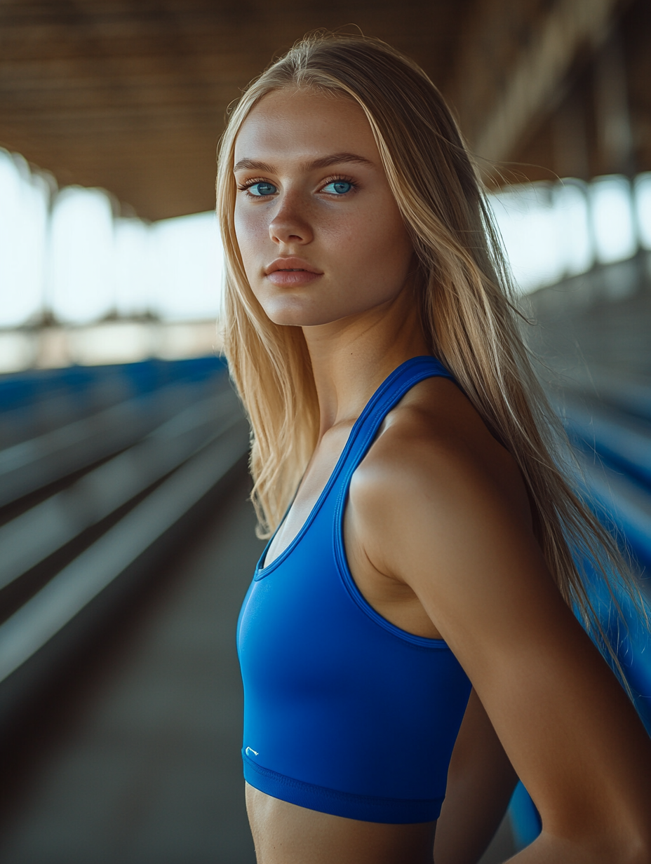 A Young Woman Running in Blue Sports Outfit