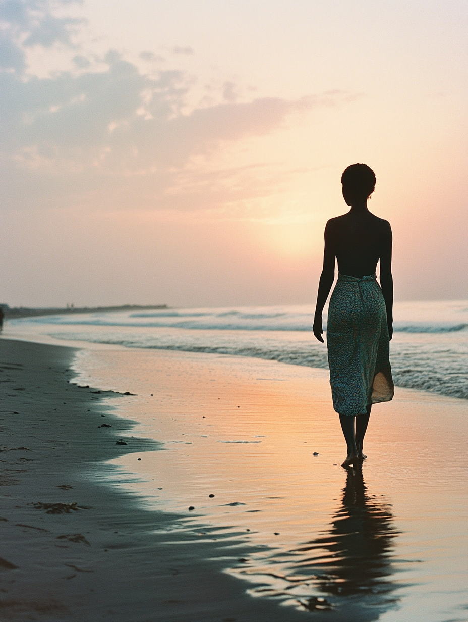 A Young Woman Walks Alone on Sunset Beach