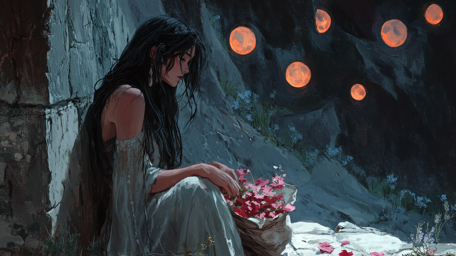 A Young Woman with Flower Petals Under 10 Moons