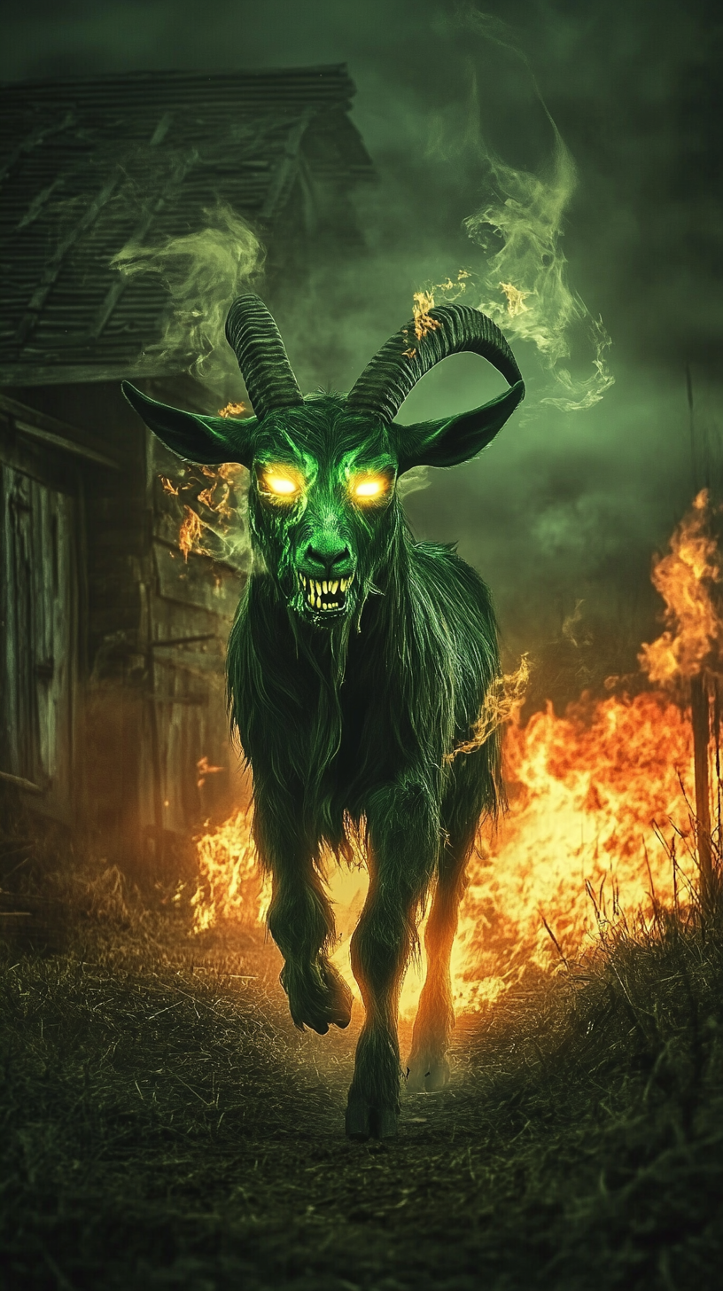 A Zombie Goat Witch in Green Walking