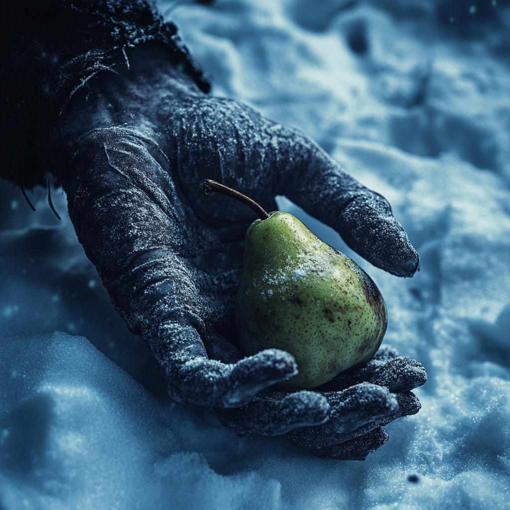 A Zombie Hand Holds Rotten Pear in Snow.