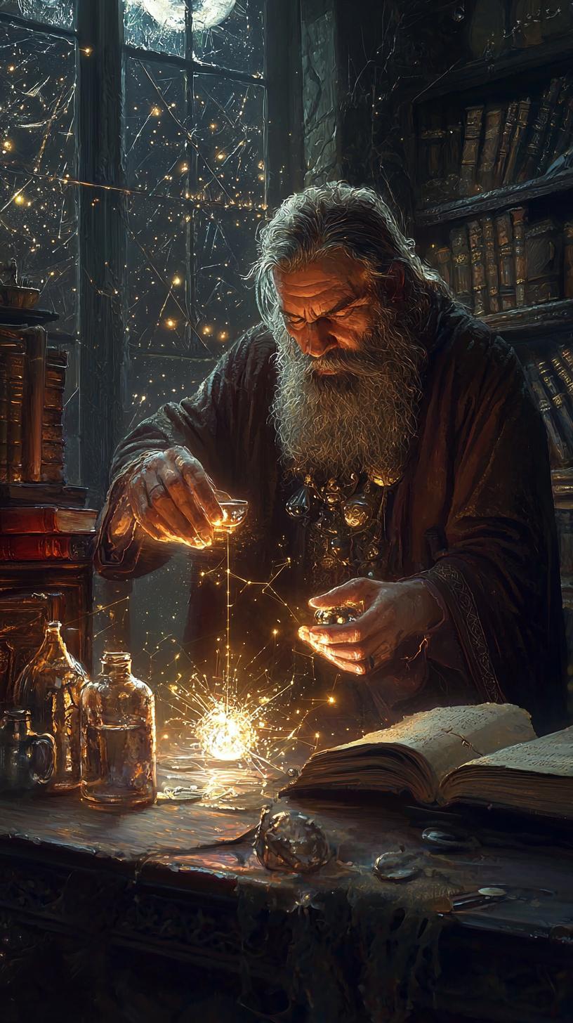 A alchemist with long beard in magical workshop.