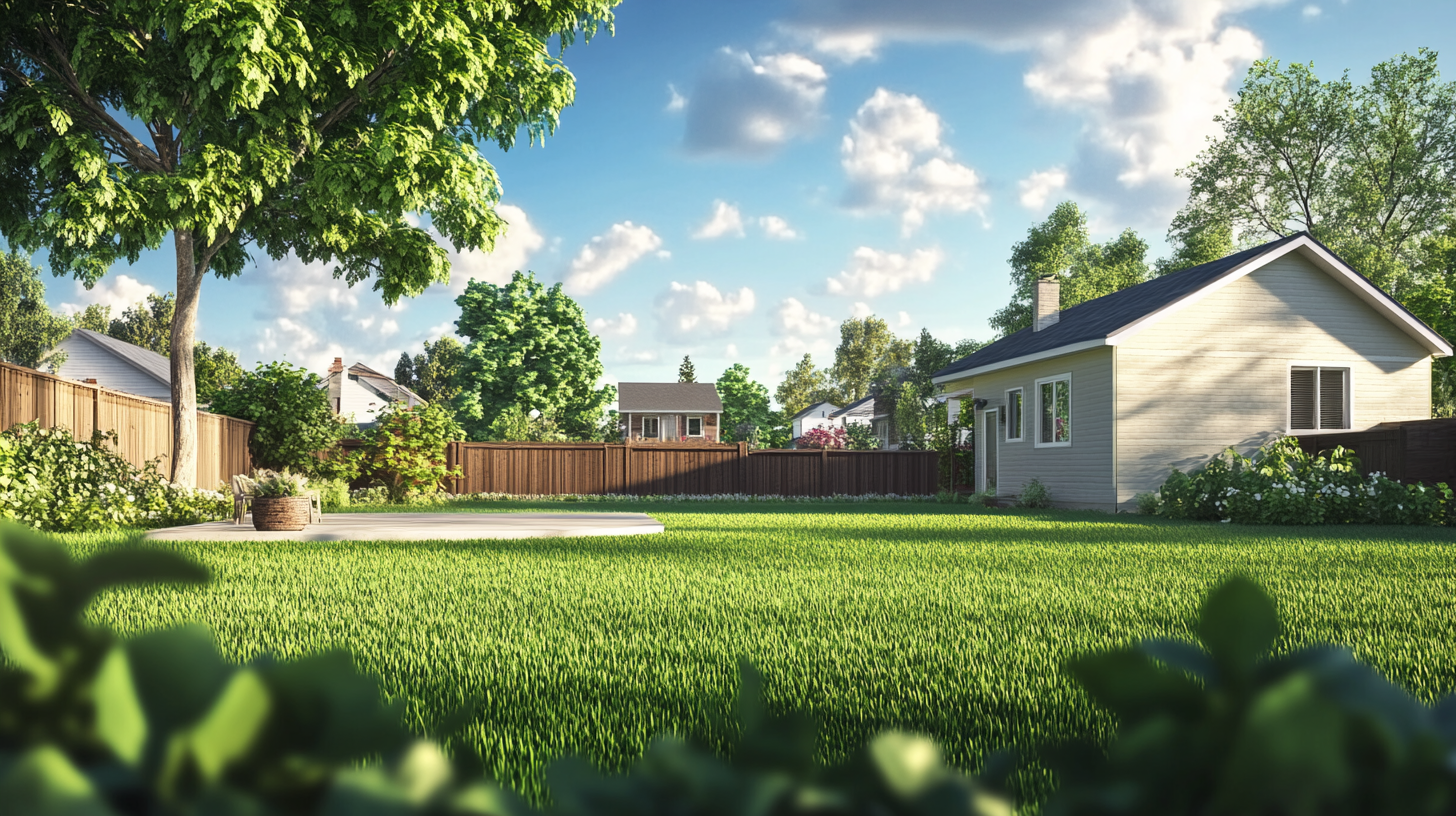 A backyard with small house and green grass