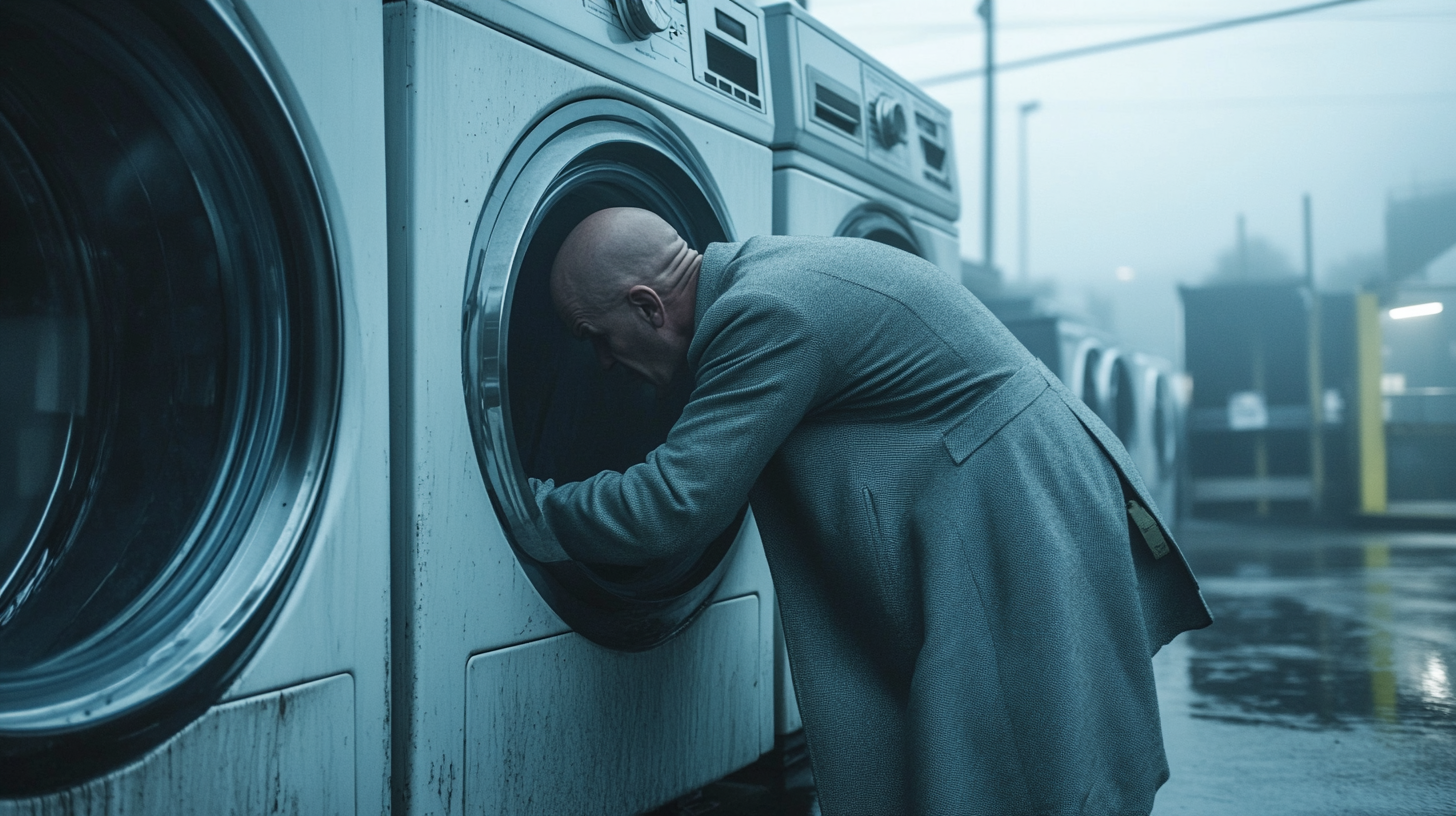 A bald man crawls into a washing machine.