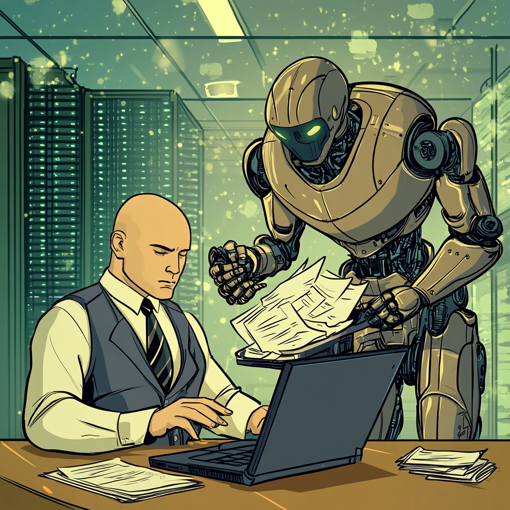 A bald man figures out robots' papers.