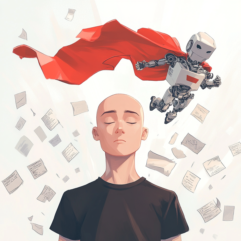 A bald man in black shirt surrounded by error messages, cheered by flying robot with red cape holding empty sign, in cartoon style.