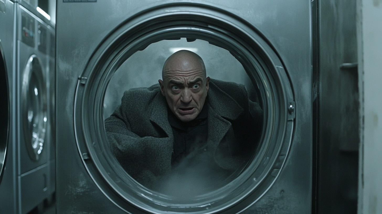 A bald man in coat trapped in washer.