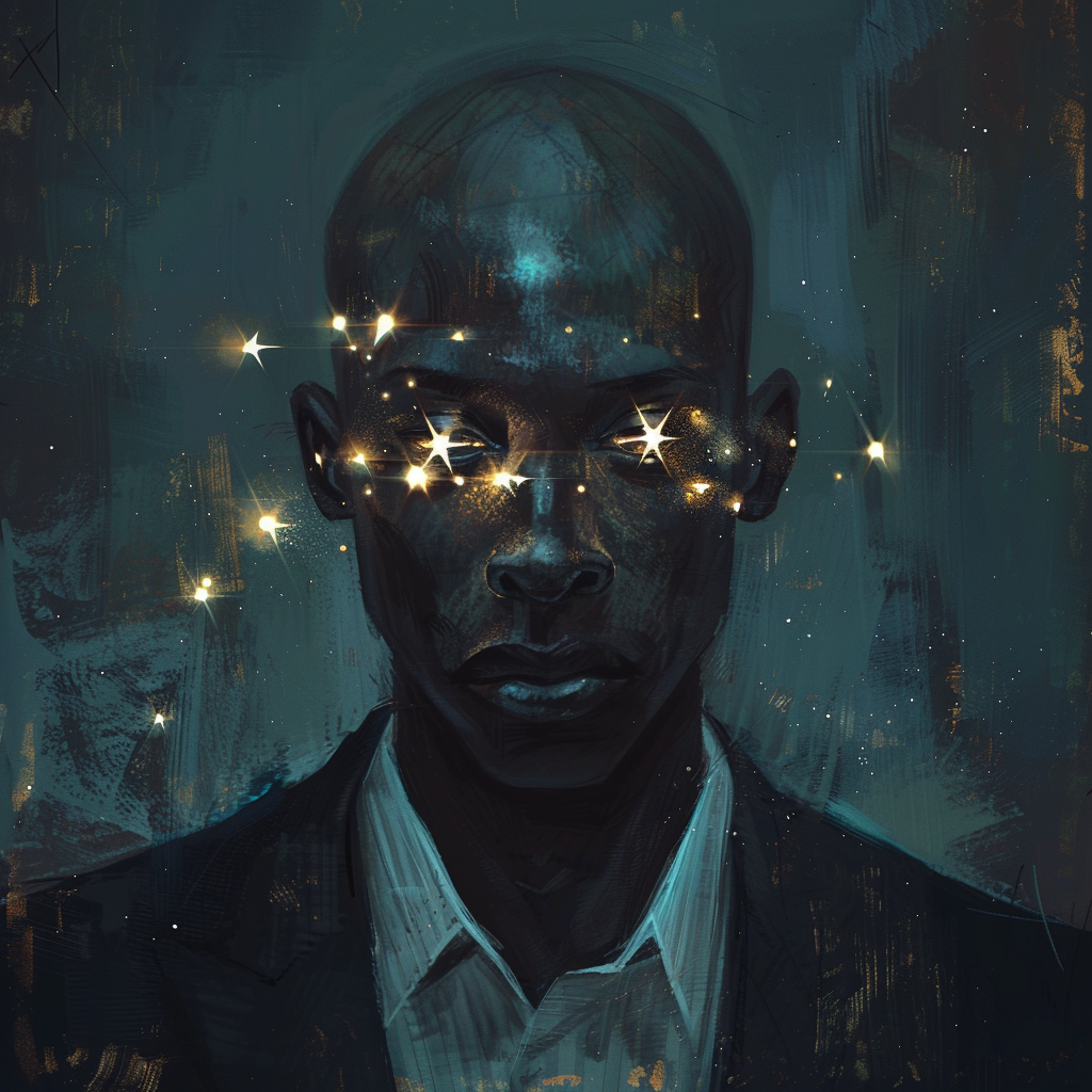 A bald man with starry eyes in black suit.