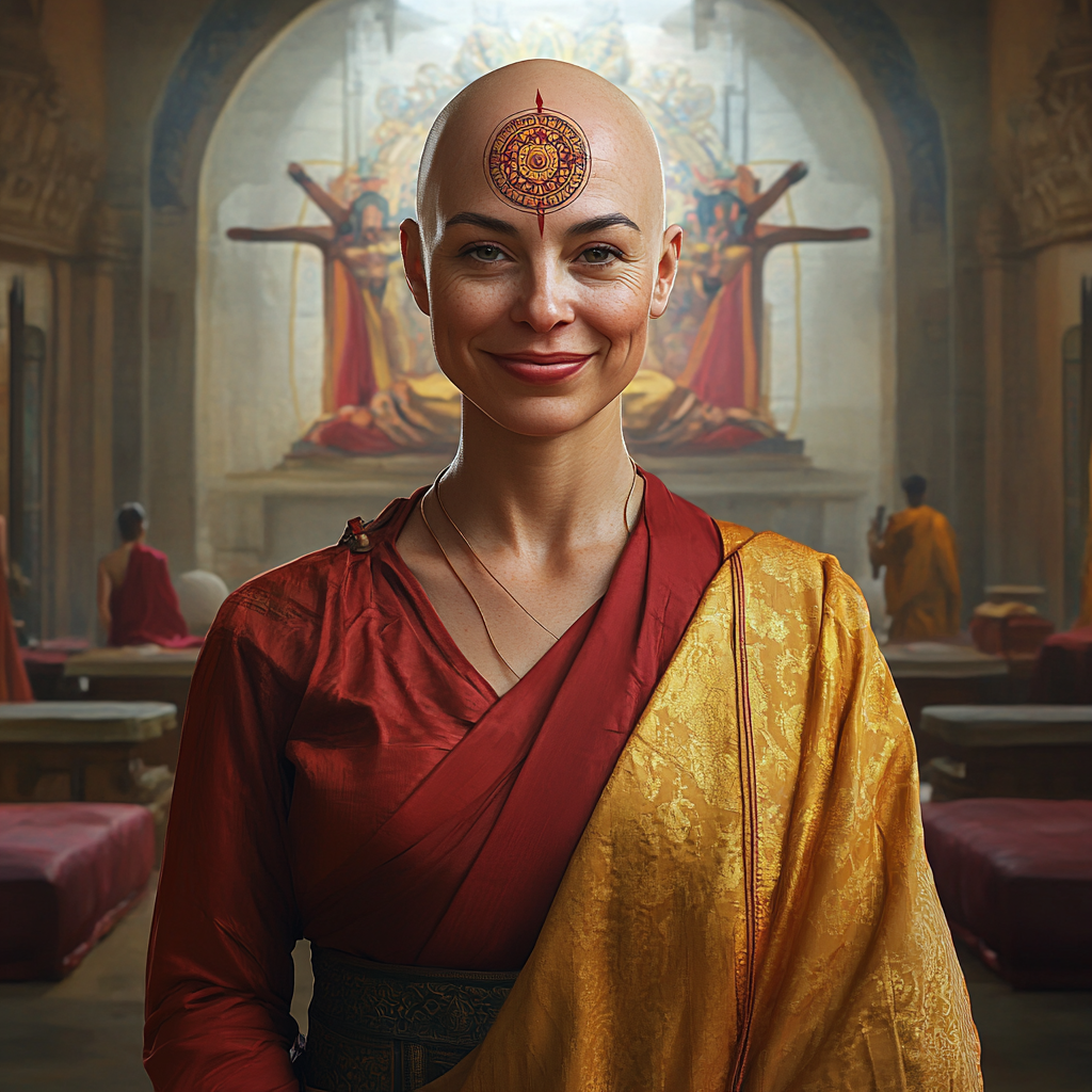 A bald woman in red robes smiles serenely