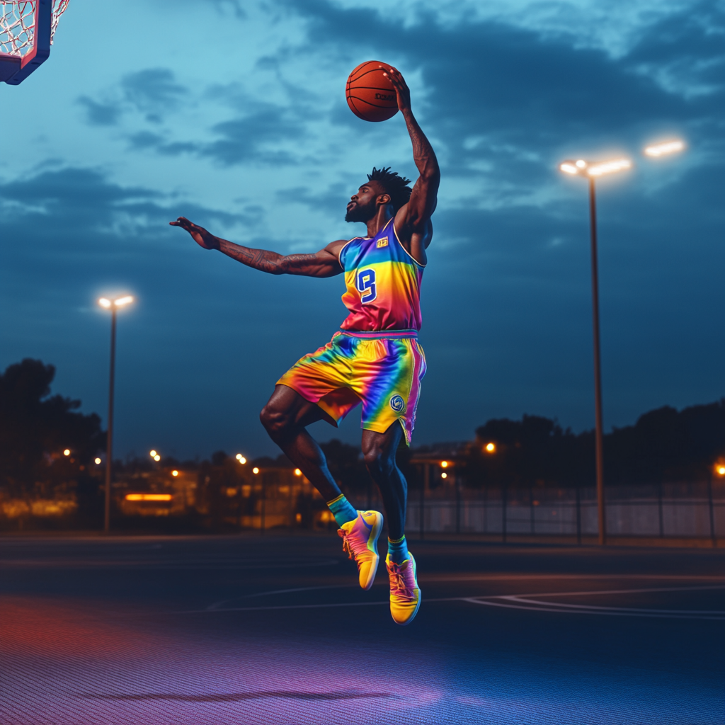 A basketball player jumps for a colorful shot