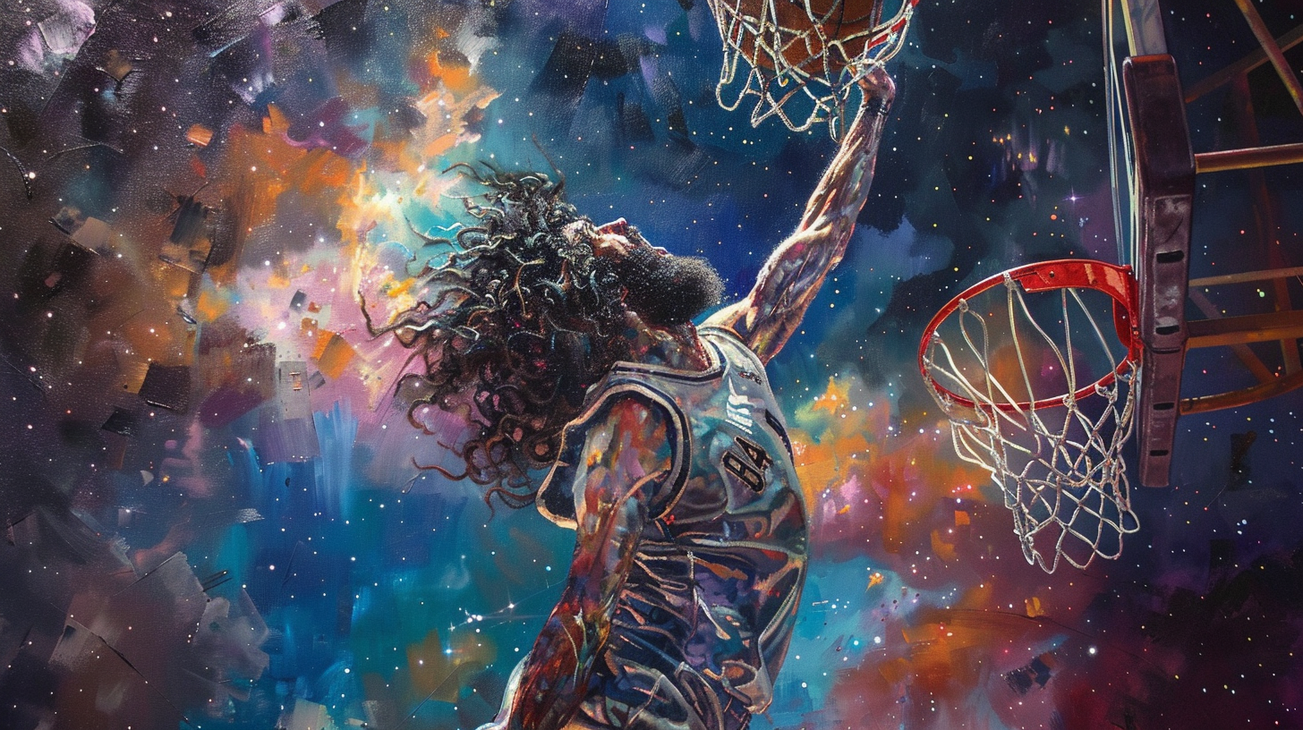 A basketball player with long hair dunking ball.