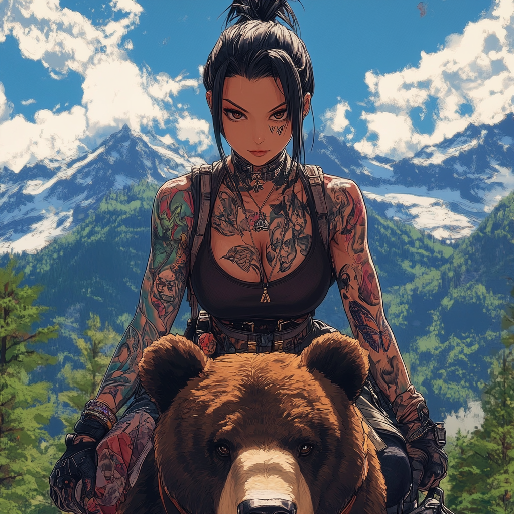 A beautiful Asian woman with tattoos rides bear