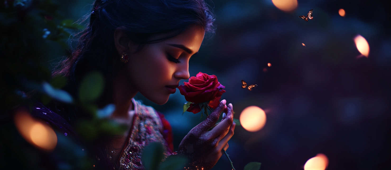 A beautiful Indian girl picking a rose at night.