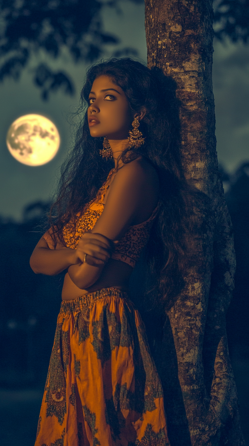 A beautiful Sri Lankan woman under moonlight