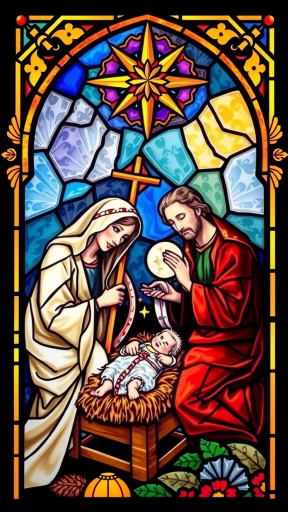 A beautiful Stained Glass nativity scene of Jesus.