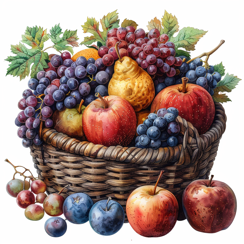 A beautiful basket of autumn fruits and vegetables.