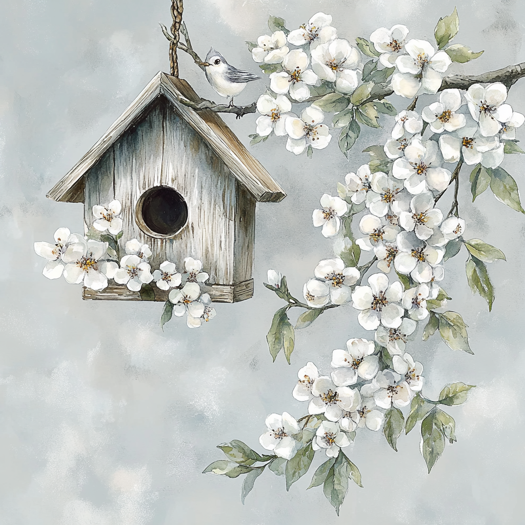 A beautiful birdhouse on blossoming tree branch illustration