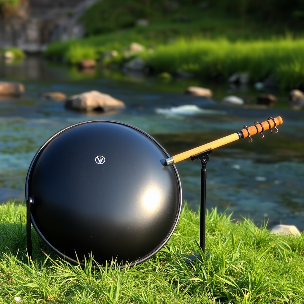 A beautiful black Handpan drum near clear river.