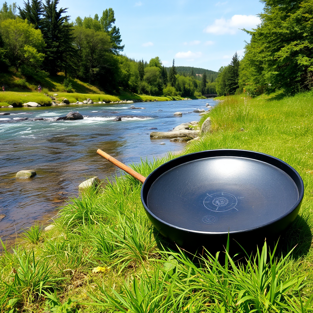 A beautiful black handpan by the clear river.