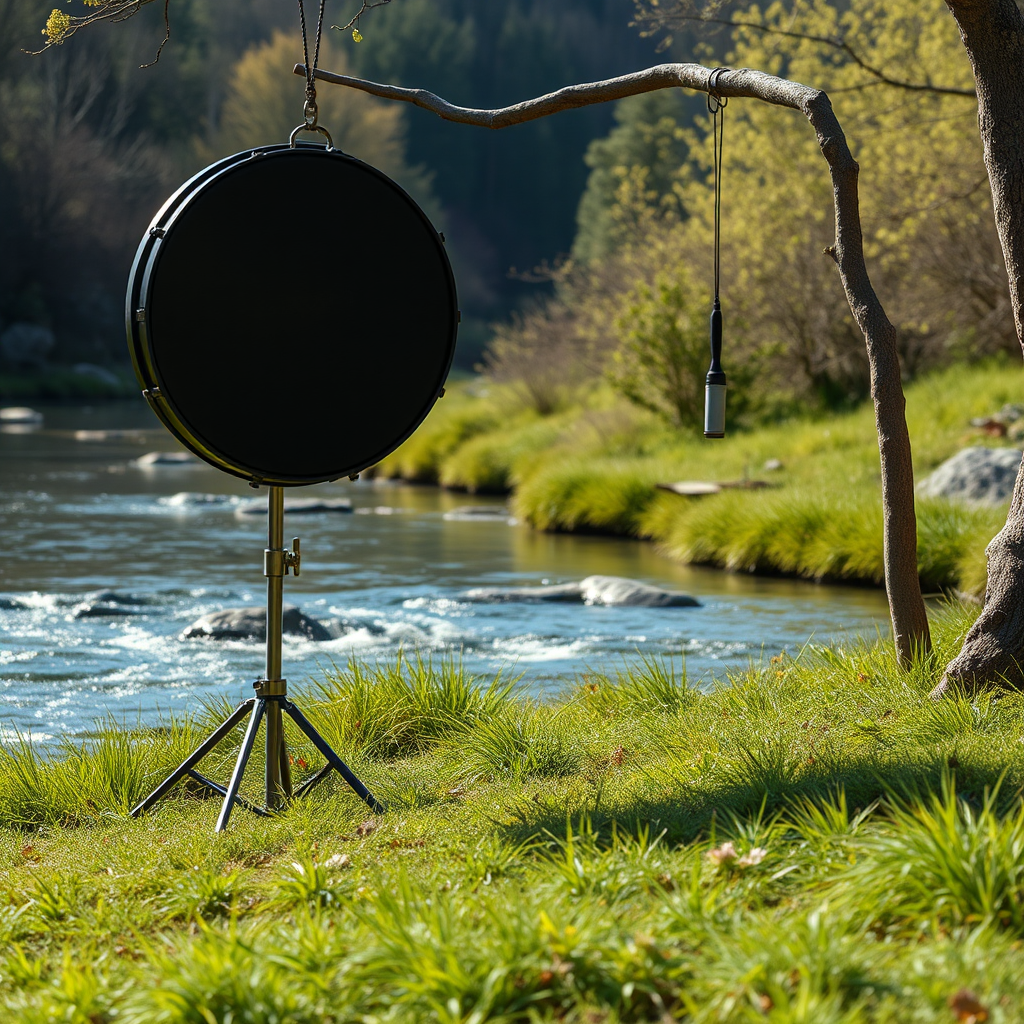 A beautiful black hang drum by the river.